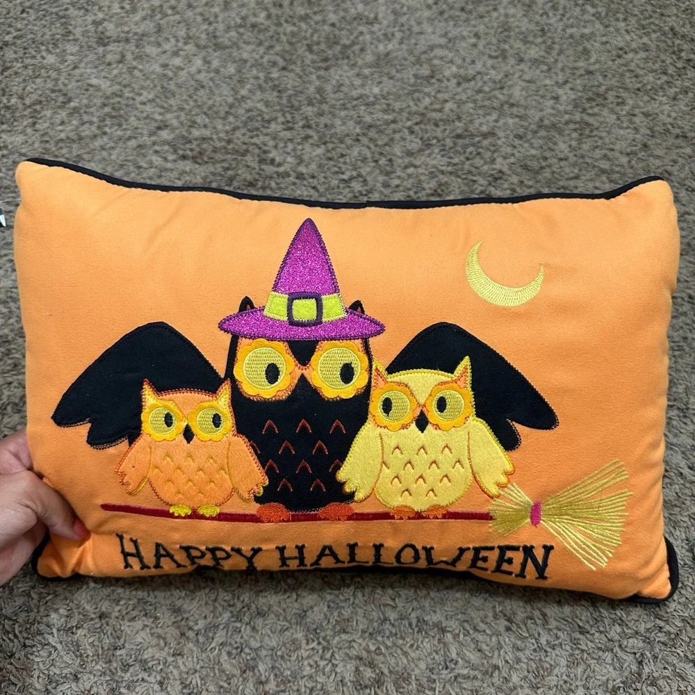 Halloween Owl Witch Broomstick Decorative Lumbar Pillow Orange Embroidered